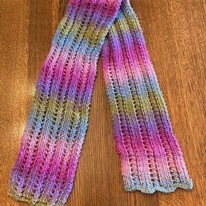 Hand Knit Scarf in Pinks, Blues, and Greens
